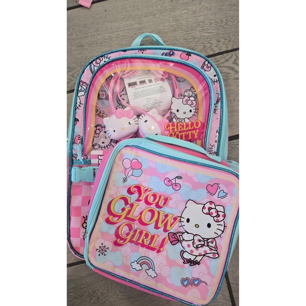 Hello Kitty 4 Piece Backpack Set Pink Blue Lunch Tote Headphones B26HK66464-XX